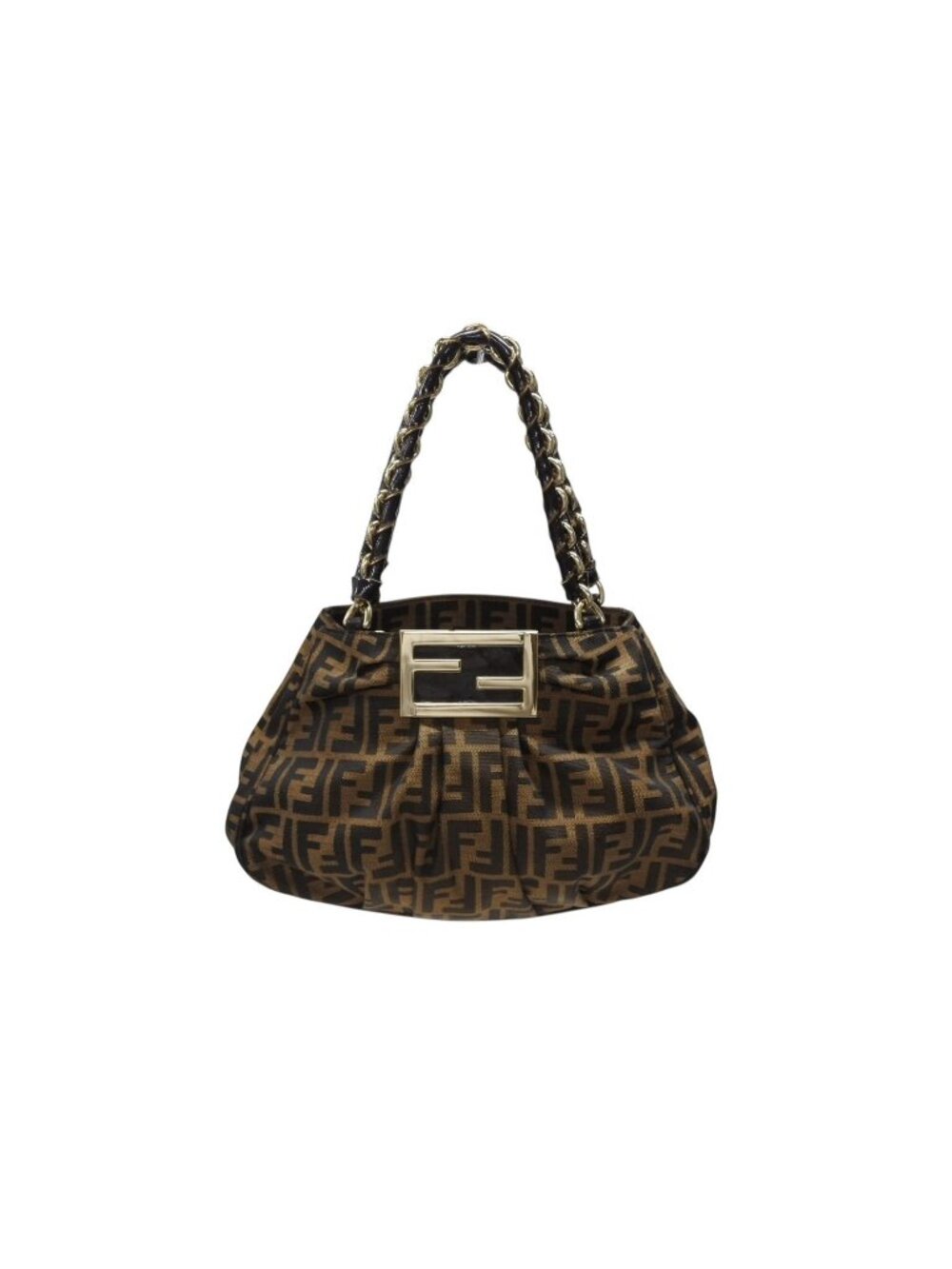 Fendi Handbag Zucca Pattern Canvas Leather Brown Black Gold